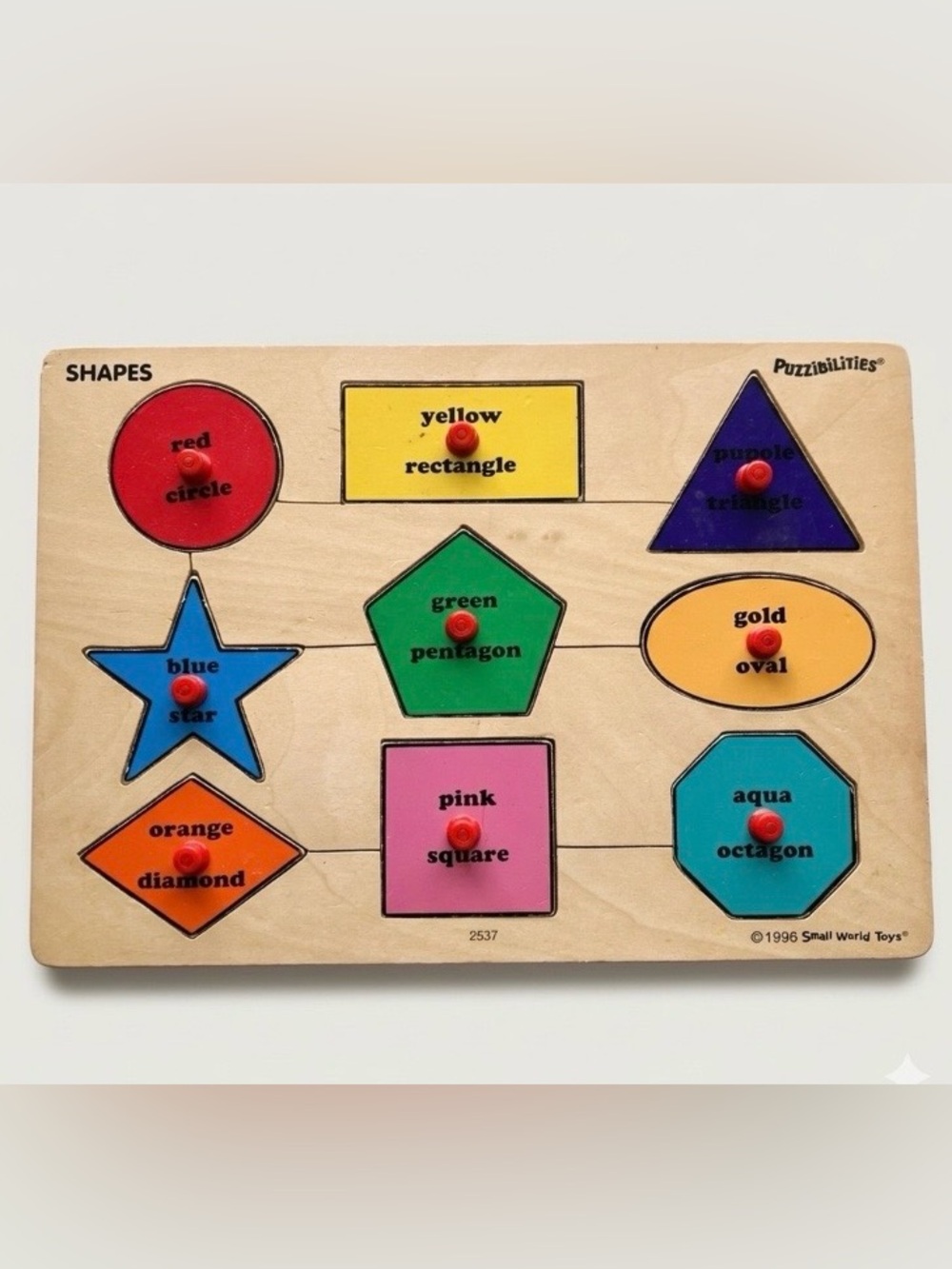 Vintage 1996 Small World Toys Puzzibilities Wooden Shapes Peg Kids Puzzle 2537